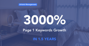 Statistics showing a 3000% increase in page 1 keywords for airbnb management SEO terms.