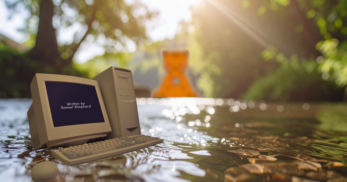 A lake with a computer sitting in it. Fishcat.png looms in background.